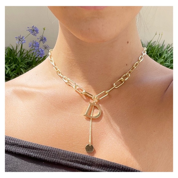 D Letter Curb Chain Choker Pendant Necklace - Picture 6 of 6